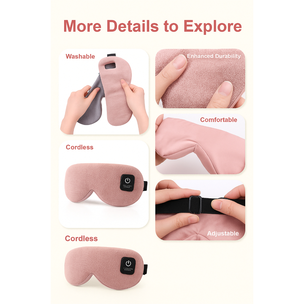 ผ้าปิดตาอุ่นไร้สายสําหรับตาแห้ง – ประคบอุ่นสําหรับตายางและบรรเทาสติ, ความร้อนและตัวจับเวลาที่ปรับได้, ช่วยนอนหลับสําหรับเดินทาง, สํานักงาน งีบหลับ (สีชมพู) - รูปที่ 5