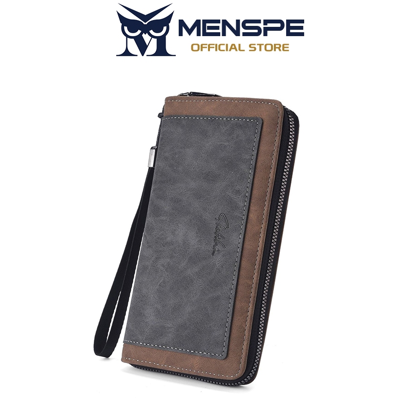 MENSPE แฟชั่นกระเป๋าสตางค์ยาวผู้ชาย Vintage Frosted Soft PU Multi-Card ตําแหน่งก