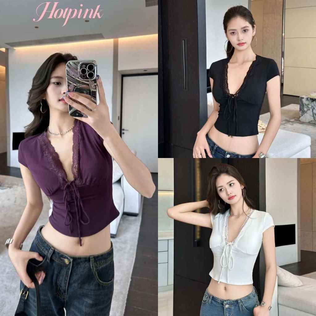 Hotpink ส่งจาก Bangkok🔥สีดำ เสื้อยืดแขนสั้นคอวียางยืดเซ็กซี่เย็บลูกไม้ฤดูร้อน 2025 ใหม่ ใส่ไว้อาลัย