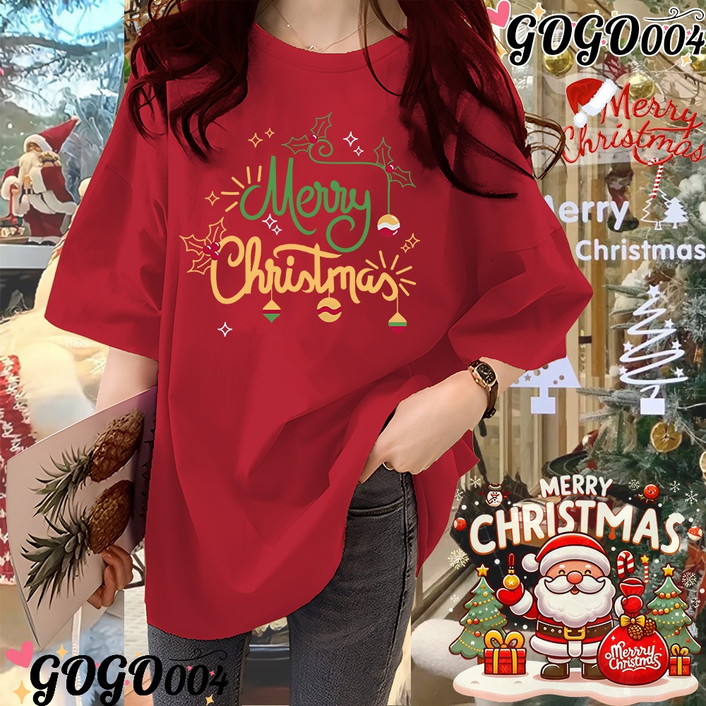 เสื้อคริสต์มาส Merry Christmas Santa Xmas&Happy Horse New Year T-shirt เสื้อยืดพิมพ์ลายครอบครัว เหมาะสำหรับเด็กและผู้ใหญ่ ทนทานต่อรอยยับและการหดตัว#063