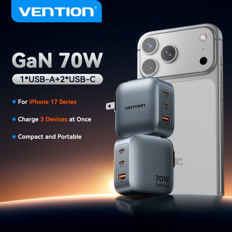 Vention 70W GaN Charger PD USB C USB 3 พอร์ตอะแดปเตอร์ชาร์จ QC4.0 Type C Fast Charger US Plug Charger สําหรับโทรศัพท์แล็ปท็อปแท็บเล็ต iPhone Samsung Android