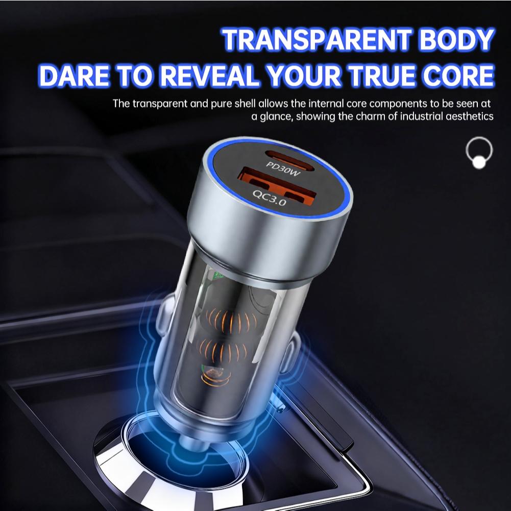 60W Super Fast Car Charger Adapter 2 พอร์ต USB และ QC3.0 + Type C เข้ากันได้กับ iPhone, Samsung