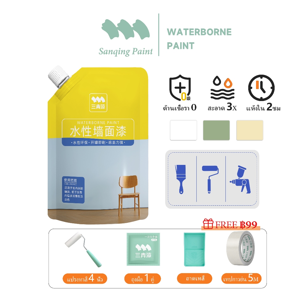 SanQing Paint สีทาผนัง สีทาบ้านลาตีคซ์ สีขาว สำหรับงานรีโนเวทผนังในร่ม ทากันเองได้ ป้องกันรา-ดูดซับกลิ่นฟอร์มาลดีไฮด์ เป็นมิตรต่อสิ่งแวดล้อม Sanqing Paint
