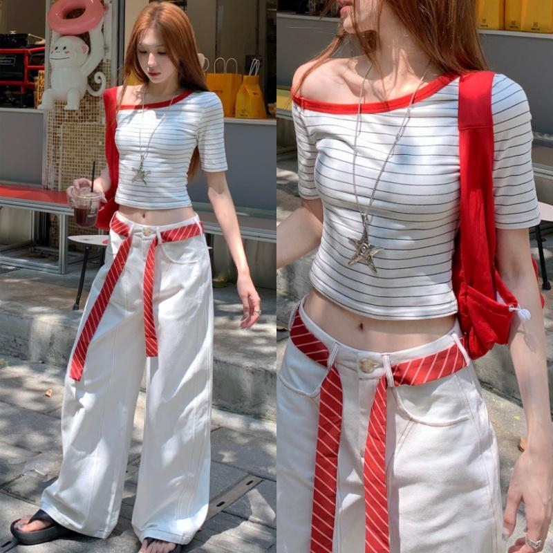 BraQueen✨เสือยืดเเขนสั้น เสื้อยืดปาดใหล่ สลิมฟิต รูปแบบลาย เนื้อผ้านิ่ม สไตล์เกาหลี ราคา ถูกที่สุด ดีลบีเคเค แกลเลอรีภาพที่ 5