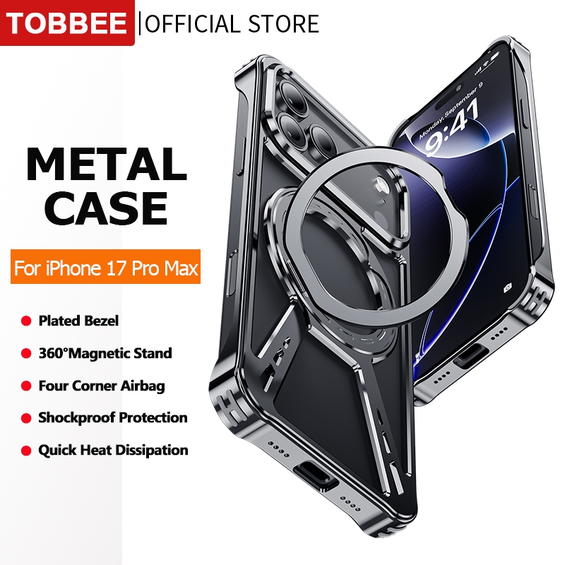 เคส เคสโลหะอลูมิเนียมแม่เหล็กสําหรับ iPhone 17/16/15/14/13 Pro Max กันกระแทก ใช้งานร่วมกับการชาร์จแม่เหล็ก iPhone Case รุ่น 360° หมุนยืนปลอกป้องกันโทรศัพท์