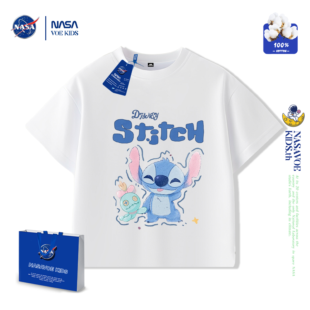 【ของพร้อมส่ง】เสื้อยืดเด็ก NASA สีขาว ผ้าฝ้ายพรีเมียม ลายสติทช์ (Stitch) สำหรับเด็กชาย-เด็กหญิง ดีไซน์สไตล์เกาหลีน่ารัก