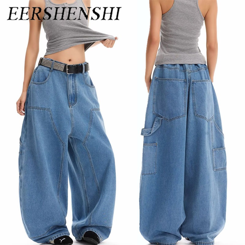 EERSHENSHIE กางเกงยีนส์ขากว้างทรงหลวมการออกแบบกระเป๋าขนาดใหญ่ Casual Street อินเทรนด์