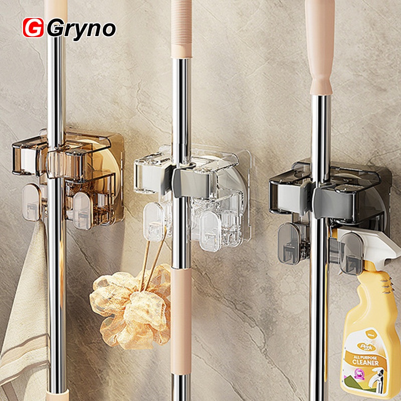 Gryno ถ้วยดูด Mop ผู้ถือไม่มีเจาะติดผนัง Reusable Mop Hook Cilp ไม้กวาด Rack สําหรับห้องน้ํา