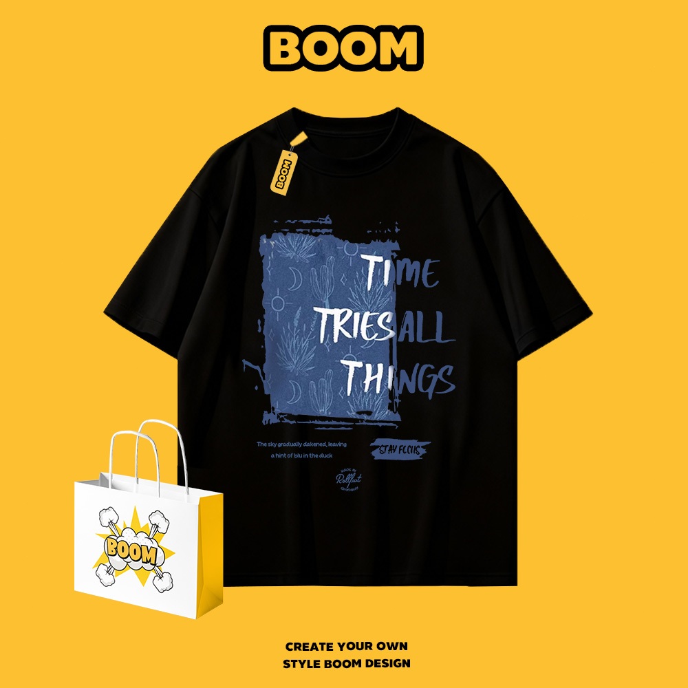 BOOM เสื้อยืดคอกลม ผ้า cotton 100% เสื้อยืดผู้ชาย ลายพิมพ์แฟชั่นทันสมัย Oversize ระบายอากาศดี