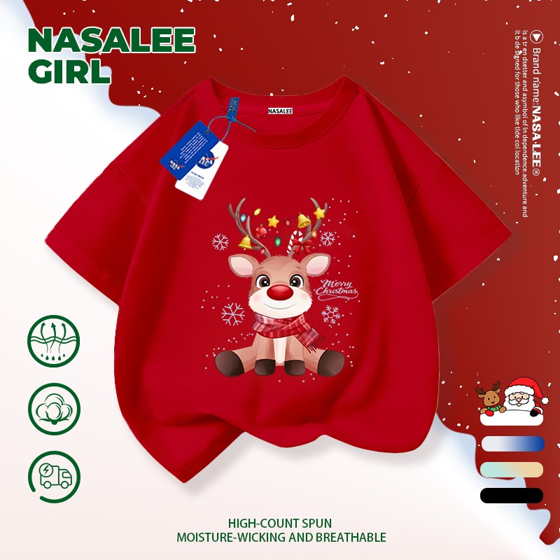【จัดส่งทันที】เสื้อยืดเด็ก NASA เอ็ดิชั่นคริสต์มาส สีแดง ผ้าฝ้ายระบายอากาศดี ลายก