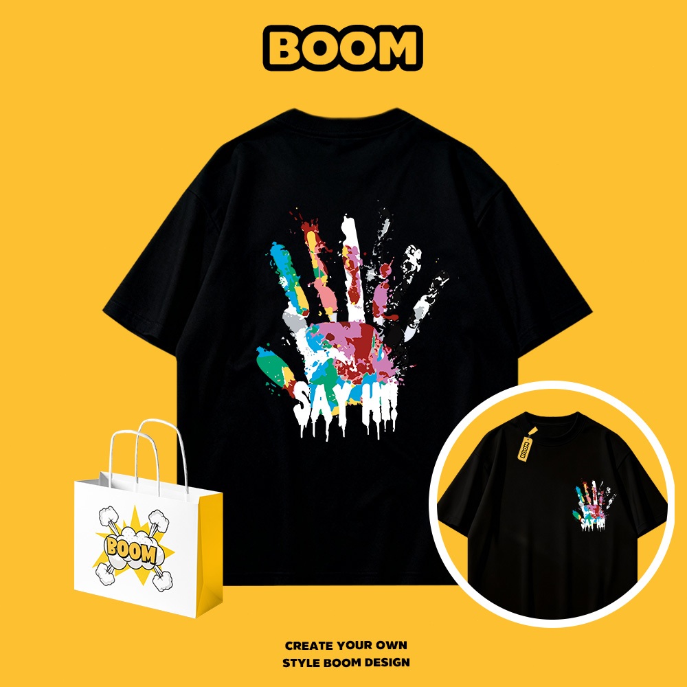 BOOM เสื้อยืดผู้ชาย cotton 100% แขนสั้น ลายแบรนด์เนมสุดเท่ Oversize ระบายอากาศดี สไตล์เกาหลี เหมาะสำหรับเยาวชน