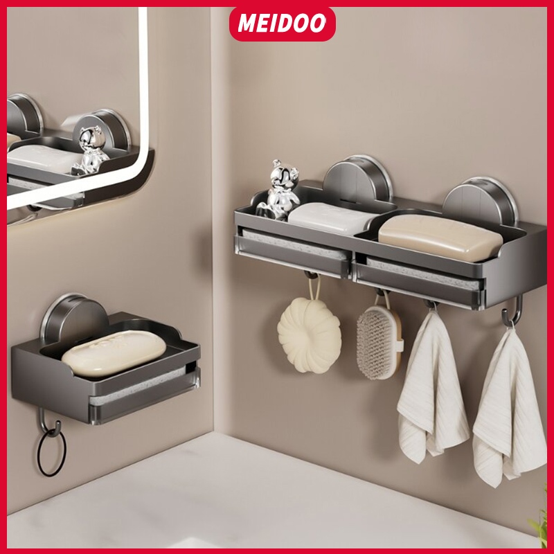 MEIDOO กล่องสบู่, กล่องสบู่ถ้วยดูดพลาสติก, ชั้นวางท่อระบายน้ำติดผนัง, ใช้ในห้องน้ำ