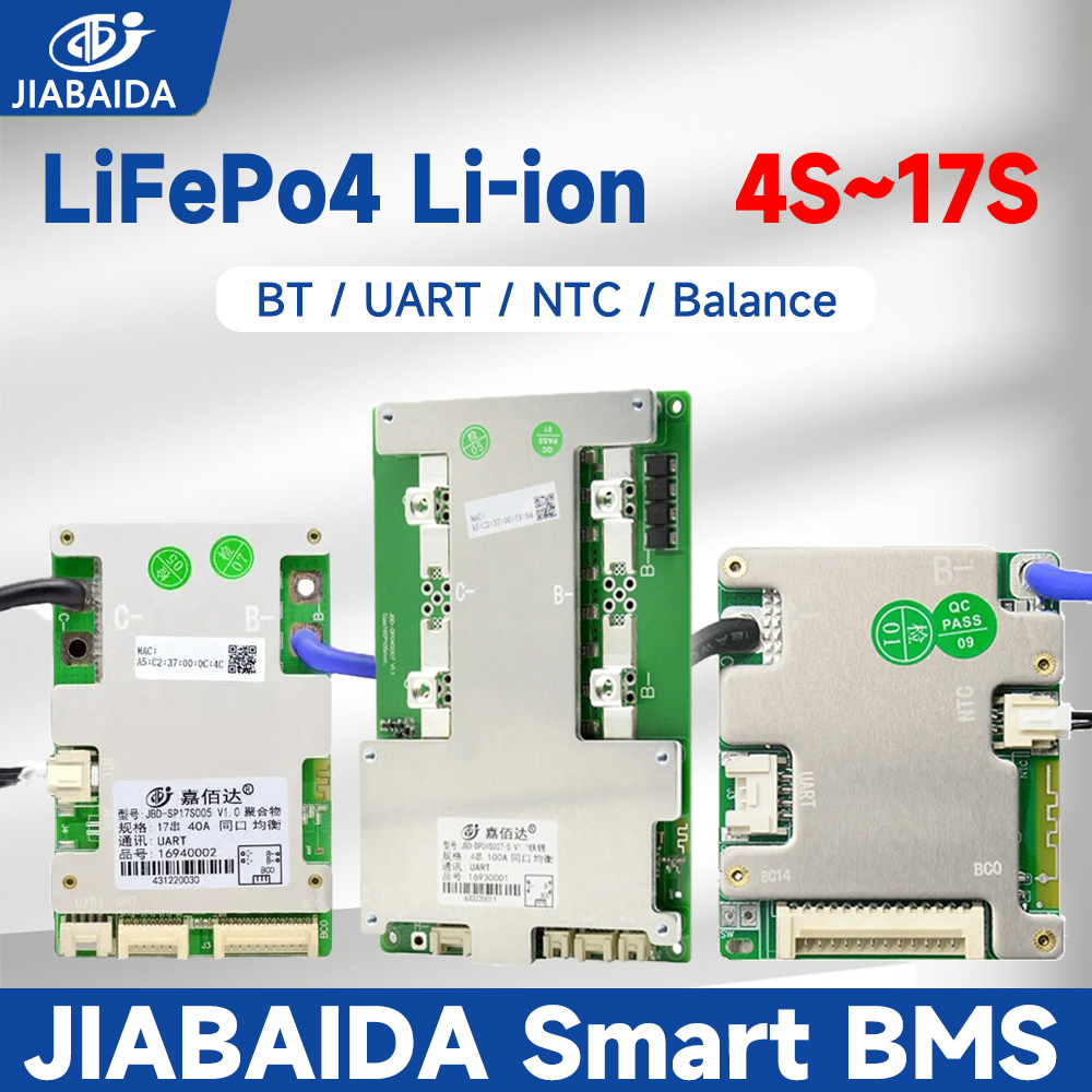 Jbd BMS LiFePo4 Li-ion 4S 7S 8S 10S 13S 16S 17S 40A 50A 100A Smart BT UART Balance BMS JIABAIDA