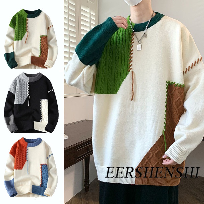 เสื้อกันหนาวผู้ชายดีไซน์ประกบสี สไตล์เรียบหรูกะทัดรัด