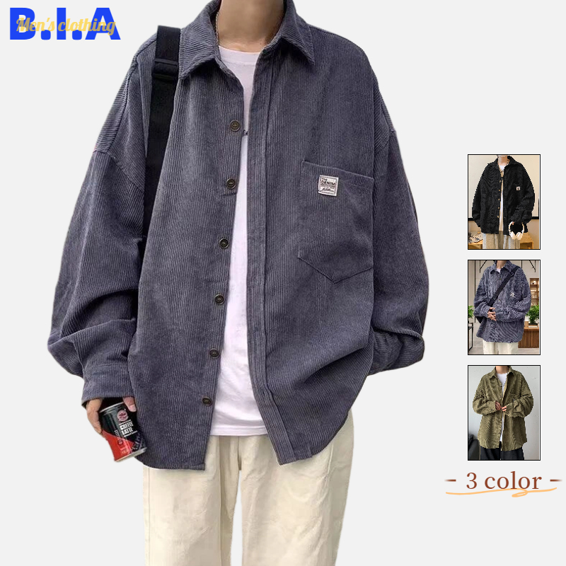 ✨BIA✨ เสื้อเชิ้ตแขนยาวผู้ชาย เสื้อเชิ้ตสไตล์เวิร์คแวร์ สไตล์ญี่ปุ่น แฟชั่น ลำลอง ทรงหลวม ใส่ได้หลายแบบ เสื้อแจ็คเก็ตผ้าลูกฟูก