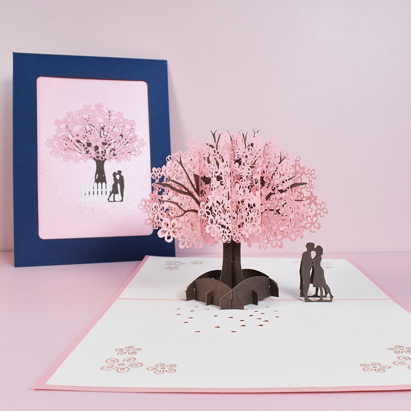 Handmade 3D Cherry Blossom การ์ดอวยพรสเตอริโอโรแมนติก Love Blessing Cards สําหรับคู่รักเทศกาลวันหยุด