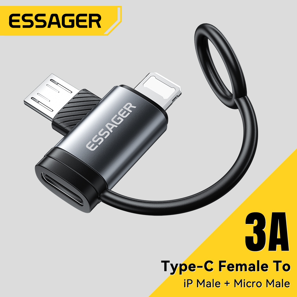 ESSAGER 2-in-1 อะแดปเตอร์ Type-C ถึง L + Micro USB 3A Fast Charging Data Transfer แบบพกพา Lanyard Plug And Play