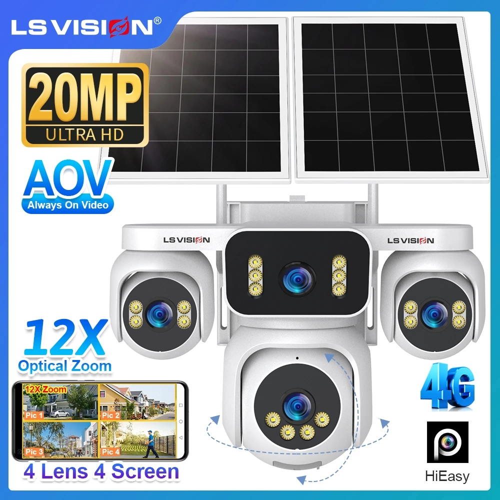 LS VISION กล้อง PTZ พลังงานแสงอาทิตย์สี่เลนส์ AOV(วิดีโอ 7 * 24 ชั่วโมง) 12Xzoom4G กล้องวงจรปิด 16000mAh แบตเตอรี่, การตรวจจับ AI 30 ม. & APP บันทึก 7 วัน HiEasy