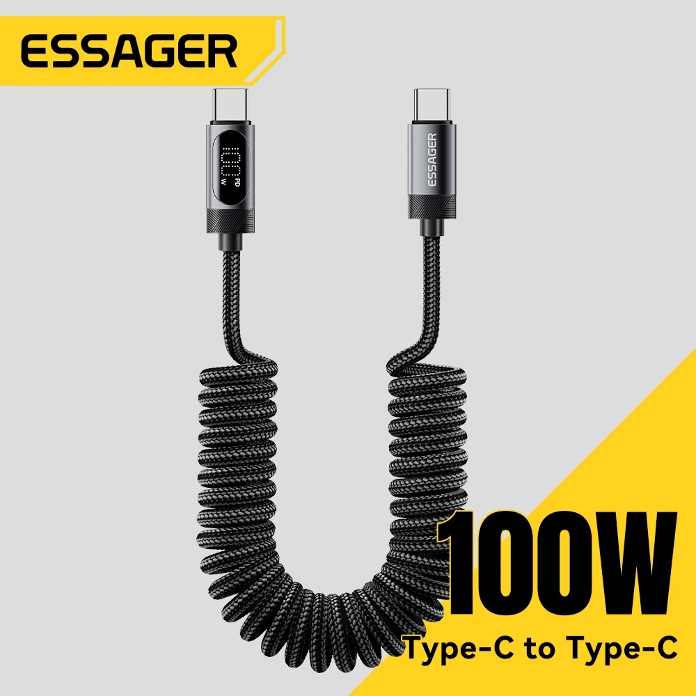 Essager 7A/60W/100W สายสปริงกระแสไฟสูงรถสายชาร์จข้อมูลทนทานถัก 1.2m 1.8m