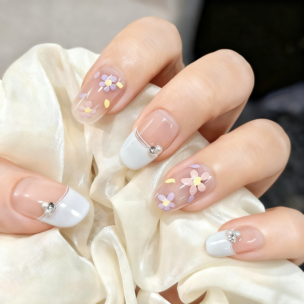 เล็บปลอมดอกไม้สีม่วงน่ารัก + 3D เพชรขนาดเล็ก & ดอกไม้ทาสีมือรูปแบบ + วันหยุดหรือปาร์ตี้เพื่อน L016