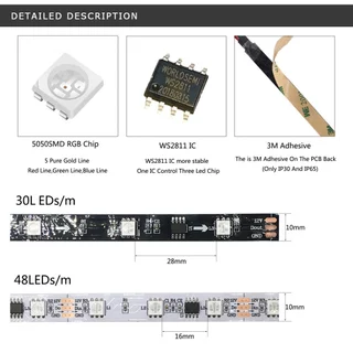 1-5M WS2811 60leds/M แอดเดรส LED Pixel Strip สี RGB LED Strip เทป DC12V