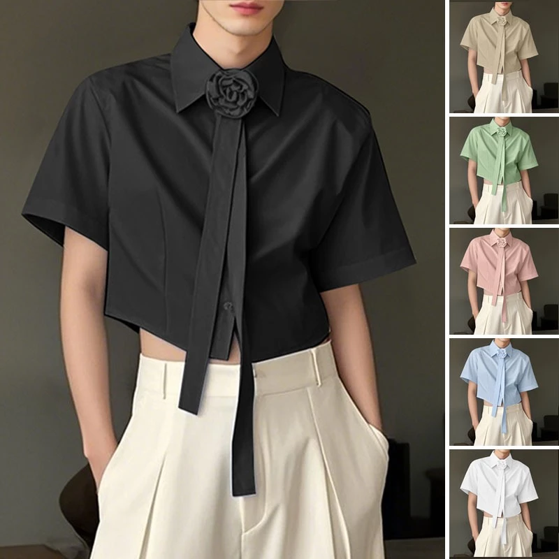 เสื้อเชิ้ตลำลองผูกเน็คไทยลวดลายดอกไม้สำหรับผู้ชาย