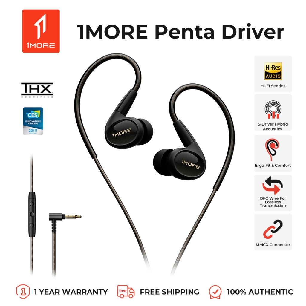 1MORE Penta Driver หูฟัง 5 ไดรเวอร์ เสียงคมชัด ขั้ว MMCX + สาย OFC ลดเสียงรบกวน 28dB ใส่สบายตามหลักสรีระ พร้อมไมค์และปุ่มควบคุม ดีไซน์สไตล์โดมอวกาศ