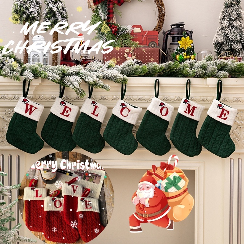สีเขียวถักตกแต่งถุงน่องสร้างสรรค์คริสต์มาสถุงเท้าเครื่องประดับต้นคริสต์มาส