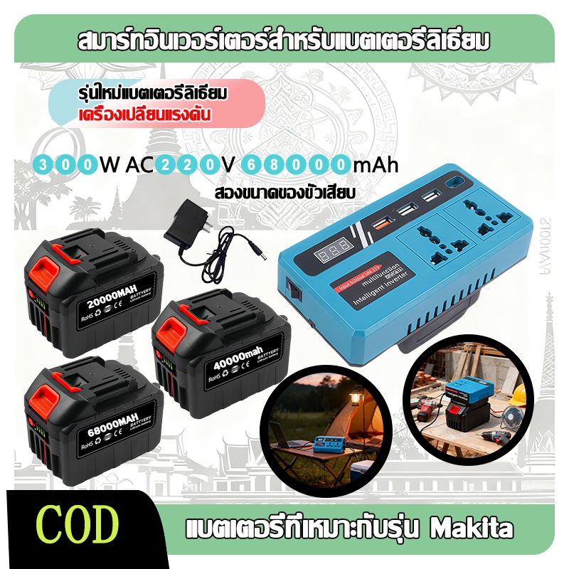 【จัดส่งฟรี】Makitaปลั๊กอัจฉริยะสองอันเครื่องแปลงไฟ อินเวอร์เตอร์ DC 12V ถึง 220V คลื่นไซน์ อินเวอร์เตอร์ไฮบริด ซ็อกเก็ตสากล 3USB 21V/48Vรองรับแบตเตอรี่ลิเธียมขนาดความจุหลายชนิด