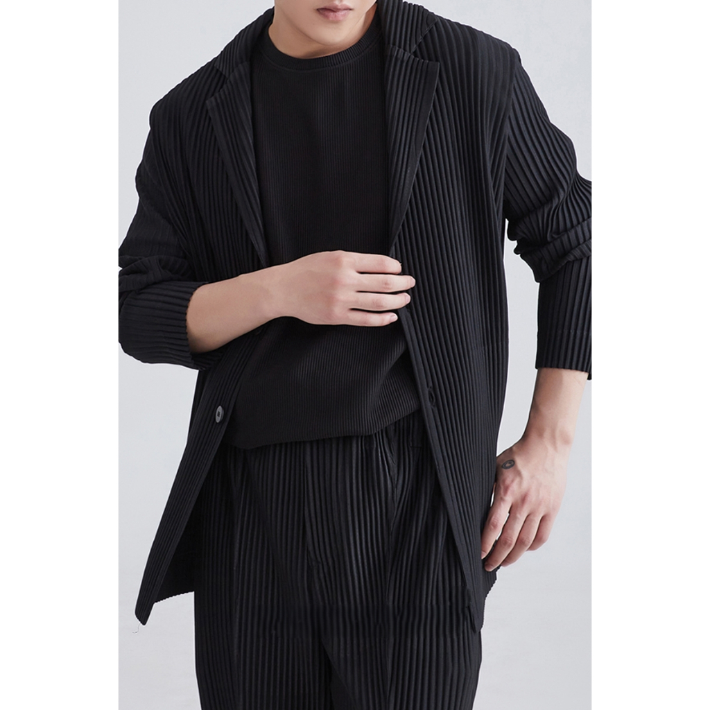 ⚡️พร้อมส่ง ส่งไว ส่งด่วน⚡️ 💯Miyake เสื้อแจ็กเก็ตสูทลําลอง แต่งจับจีบ สีดํา แบบเรียบ สําหรับผู้ชาย