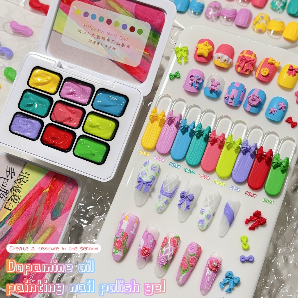 Jillradia ชุดยาทาเล็บเจล Summer Dopamine Oil Painting 9 สี เหมาะสำหรับการทำเล็บแบบ 3 มิติและศิลปะการตกแต่งเล็บ