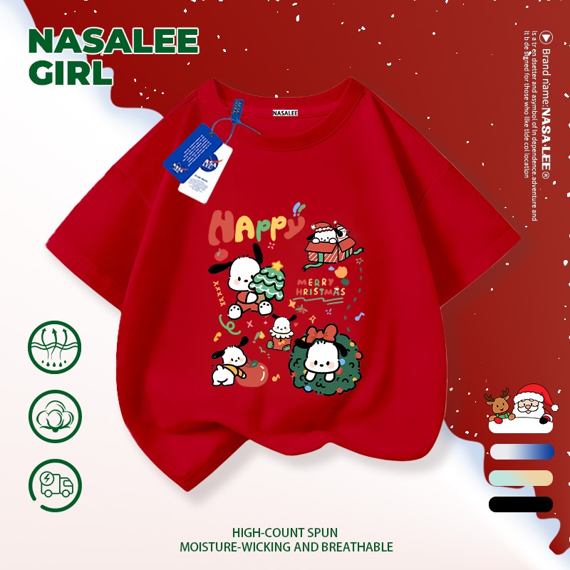【จัดส่งทันที×ถึงใน 2 วัน】เสื้อยืดเด็ก NASA เอ็ดิชั่นคริสต์มาสพูชาชู (Pochacco) สีแดง ผ้าฝ้าย สำหรับเด็กอายุ 3-16 ปี