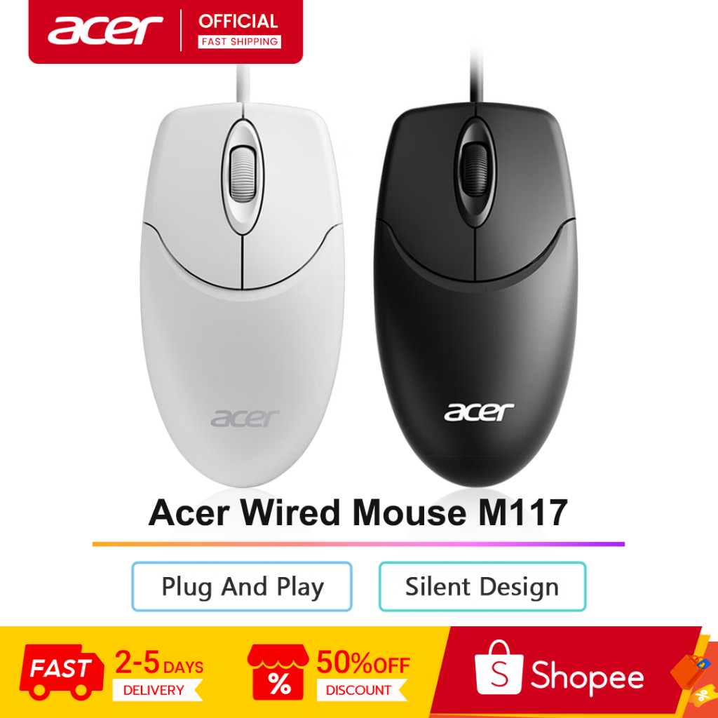 Acer M117 เมาส์แบบมีสาย USB ปุ่มเบส 1000DPI สะดวกสบายและทนทานสําหรับสํานักงาน, บ