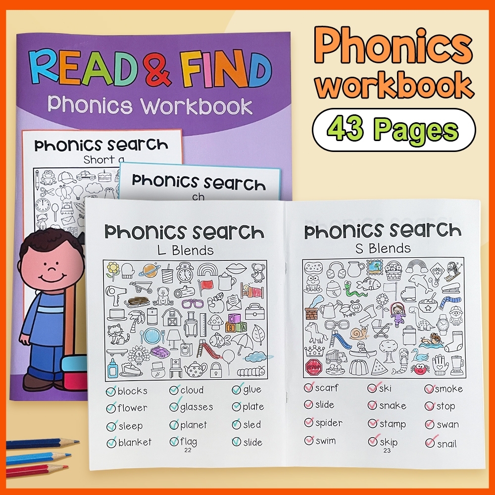 43 หน้า CVC Read & Find Phonics Workbook หนังสือกิจกรรมค้นหา Phonics ก่อนวัยเรียน Homeschool Early English Learning Workbook