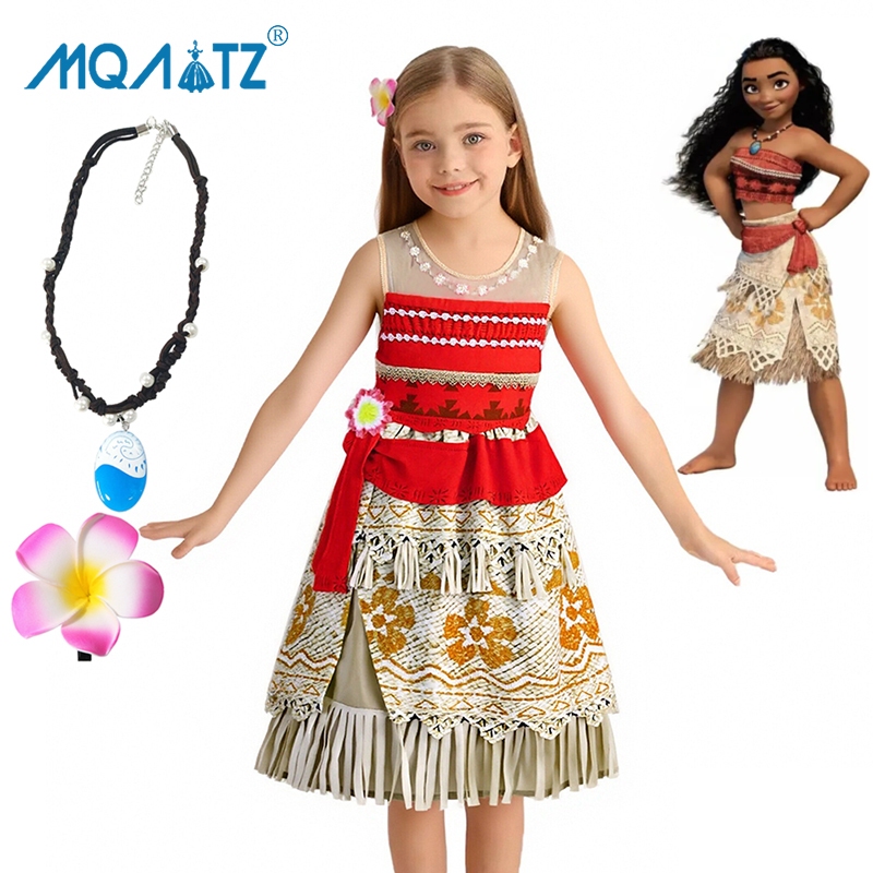 Mqatz สีแดง Moana คอสเพลย์สาวชุดวันเกิดเด็กเครื่องแต่งกายดอกไม้ชุดเจ้าหญิงเสื้อผ้า 6 8 ปี HYQY05