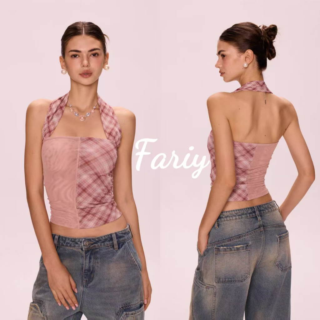 Fariy🍒คลังสินค้าพร้อม🍒 เสื้อกล้ามคอฮอลเตอร์สีชมพูสไตล์อเมริกัน สไตล์ฤดูร้อนใหม่ เสื้อกล้ามเข้ารูปเซ็กซี่