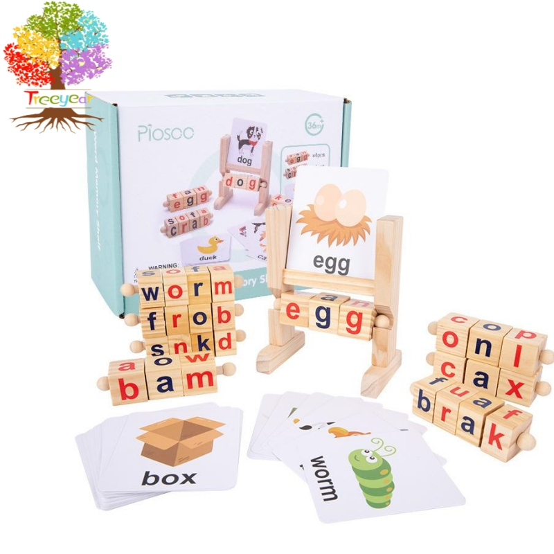 Treeyear บล็อกไม้อ่านหนังสือ แบบสั้น รูปตัวอักษร Montessori ของเล่นเสริมการเรียนรู้ สําหรับเด็กก่อนวัยเรียน