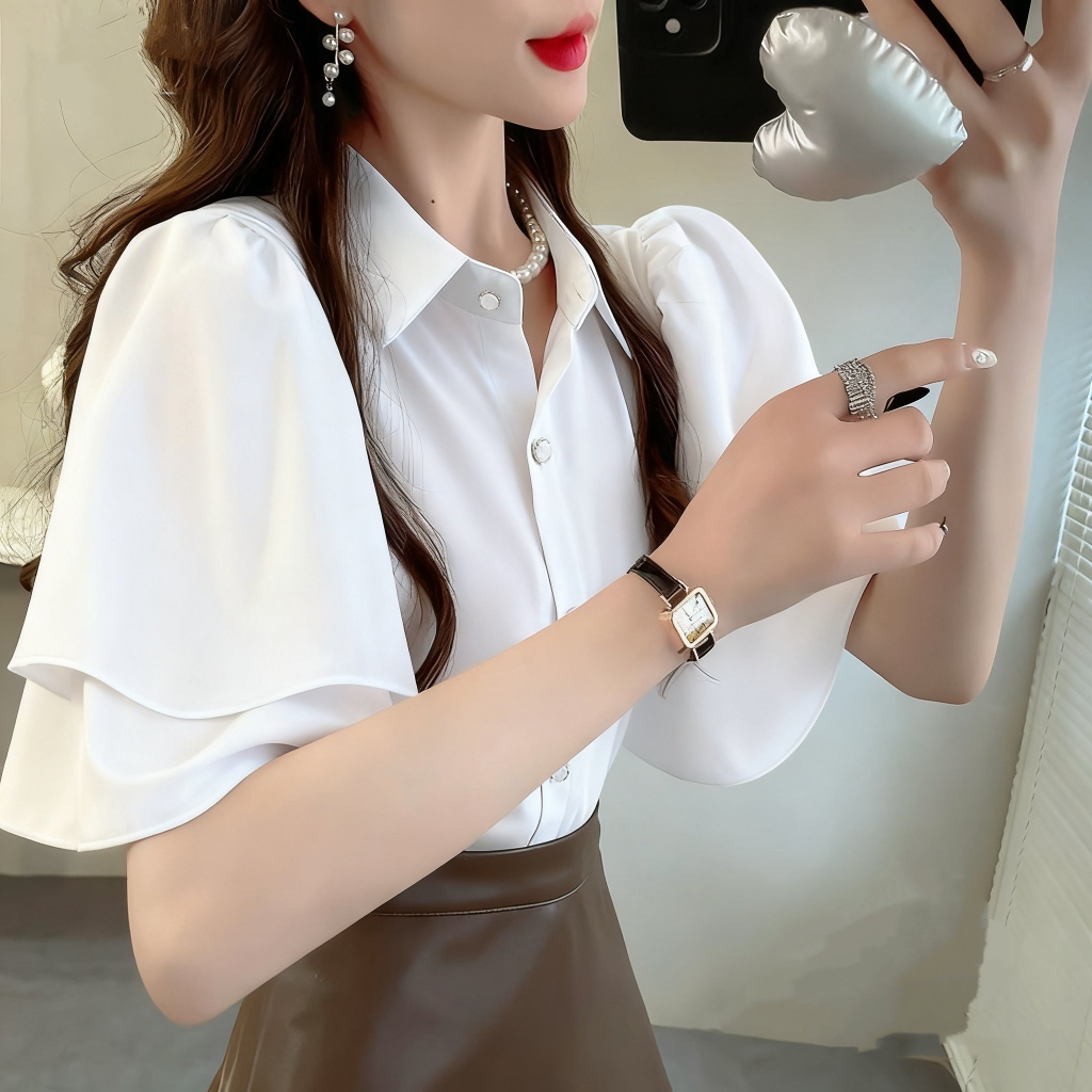 เสื้อชีฟองแขนสั้นสีทึบ สไตล์ใหม่สำหรับผู้หญิง ลุคฤดูร้อนย้อนยุค แฟชั่นสบาย