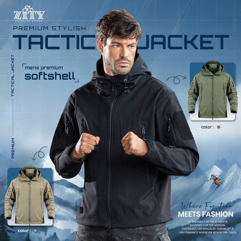 เสื้อแจ็คเก็ตเดินป่าแบบ Softshell Tactical กันน้ำสำหรับผู้ชาย สไตล์มีฮู้ด กันลม สำหรับกิจกรรมกลางแจ้