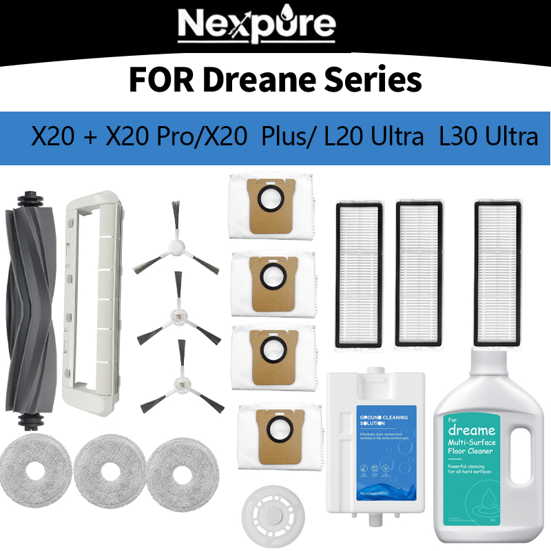 สําหรับ Dreame X20 Series & L20 Ultra Robot Vacuum – แปรงหลัก, แปรงด้านข้าง, แผ่นกรอง HEPA, ผ้าถูพื้นและถุงเก็บฝุ่น