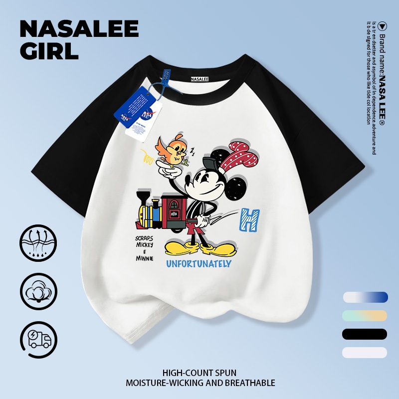 【จัดส่งทันที×ถึงใน 2 วัน】เสื้อยืดเด็ก NASA ลายมิกกี้เมาส์ แขนแร็กแลนสีขาวดำ ผ้าฝ้าย สำหรับเด็กอายุ 3-16 ปี