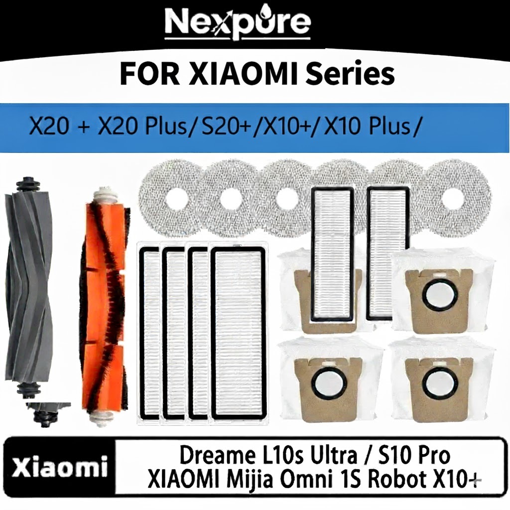 สําหรับ Xiaomi X20 Plus / S20 Plus / S10 Plus / X10 Plus / X10 Plus & Dreame L10s Ultra / L10 Prime – แปรงหลัก, แปรงด้านข้าง, กรอง, ผ้าถูพื้น และอุปกรณ์เสริมถังขยะ