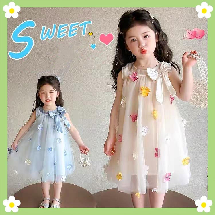 ชุดเด็กผู้หญิง, สาวเจ้าหญิงแต่งตัวแขนกุด, เด็กฤดูร้อนชุดลำลองน่ารัก, ดอกไม้ 3D สดใส