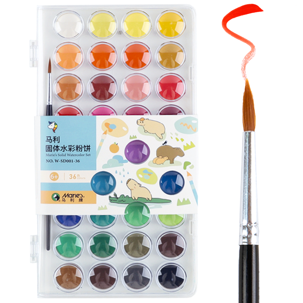 ชุดสีน้ำ ก้อนแข็ง Marie’s 12/16/26/36/48 สี – ชุดสีโปสเตอร์ พร้อมพู่กันน้ำและจานสี พกพาสะดวก
