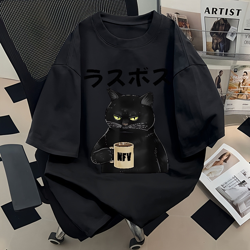 【จัดส่งจากกรุงเทพฯ】🔥BCKR จริงจังลายแมวน้อย คอกลม เสื้อ🐱ชุดหน้าร้อน oversize เสื้อผญ เสื่อยืดYG1184