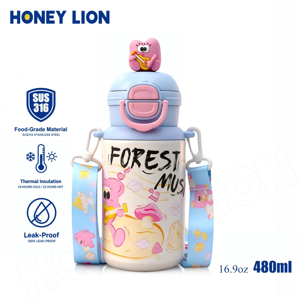HoneyLion กระติกน้ำ สแตนเลส 316 480ml กันรั่ว เก็บความเย็น - 2 แบบดื่ม เปิดหนึ่งกด มีสายคล้องปรับได้