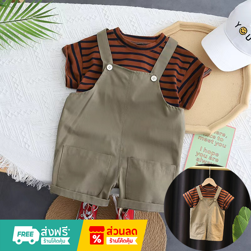 เหมาะสําหรับ0–6ปี  เด็กชายชุดเสื้อผ้า,2ชิ้นชุดฤดูร้อนสําหรับเด็กชายและเด็กหญิง,สีกากีแขวนลายเสื้อยืดเด็กสวมใส่