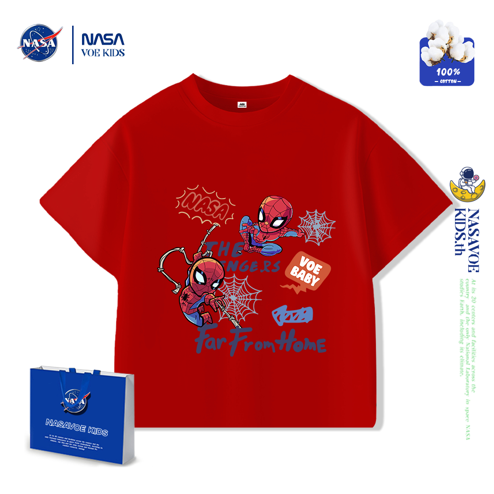 NASAVOEBABY เสื้อยืดแขนสั้นเด็ก spiderman ผ้าฝ้ายแท้แขนสั้นลําลองการ์ตูนพิมพ์เสื้อยืด