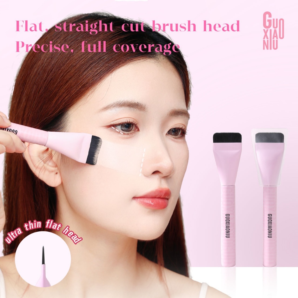 GUOXIAONIU แปรงแต่งหน้าพื้น หัวไม้สีชมพู หัวแบนบางพิเศษ ขนอ่อนนุ่ม ปกปิดทั่วถึงไร้ข้อบกพร่อง