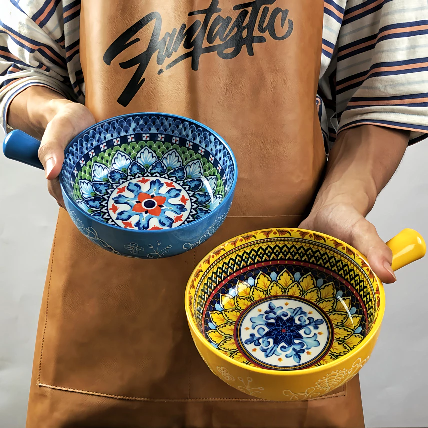 HongDian ceramic porcelain bowl ชามเซรามิกมีหูจับ ลวดลายสวยงามสไตล์วินเทจ ทนต่อรอยขีดข่วน สีไม่หลุดลอก ใช้กับไมโครเวฟและเตาอบได้ ทำจากเซรามิกเกรดอาหาร ปลอดภัยและทำความสะอาดง่าย ของจำเป็นสำหรับคนขี้เกียจ คุ้มราคา ใช้งานได้จริงและสวยงาม กันลวก กันความร้อน